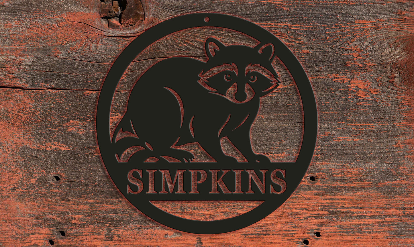Personalized Raccoon Metal Sign – Custom Last Name – CNC Plasma Cut Wildlife Wall Art