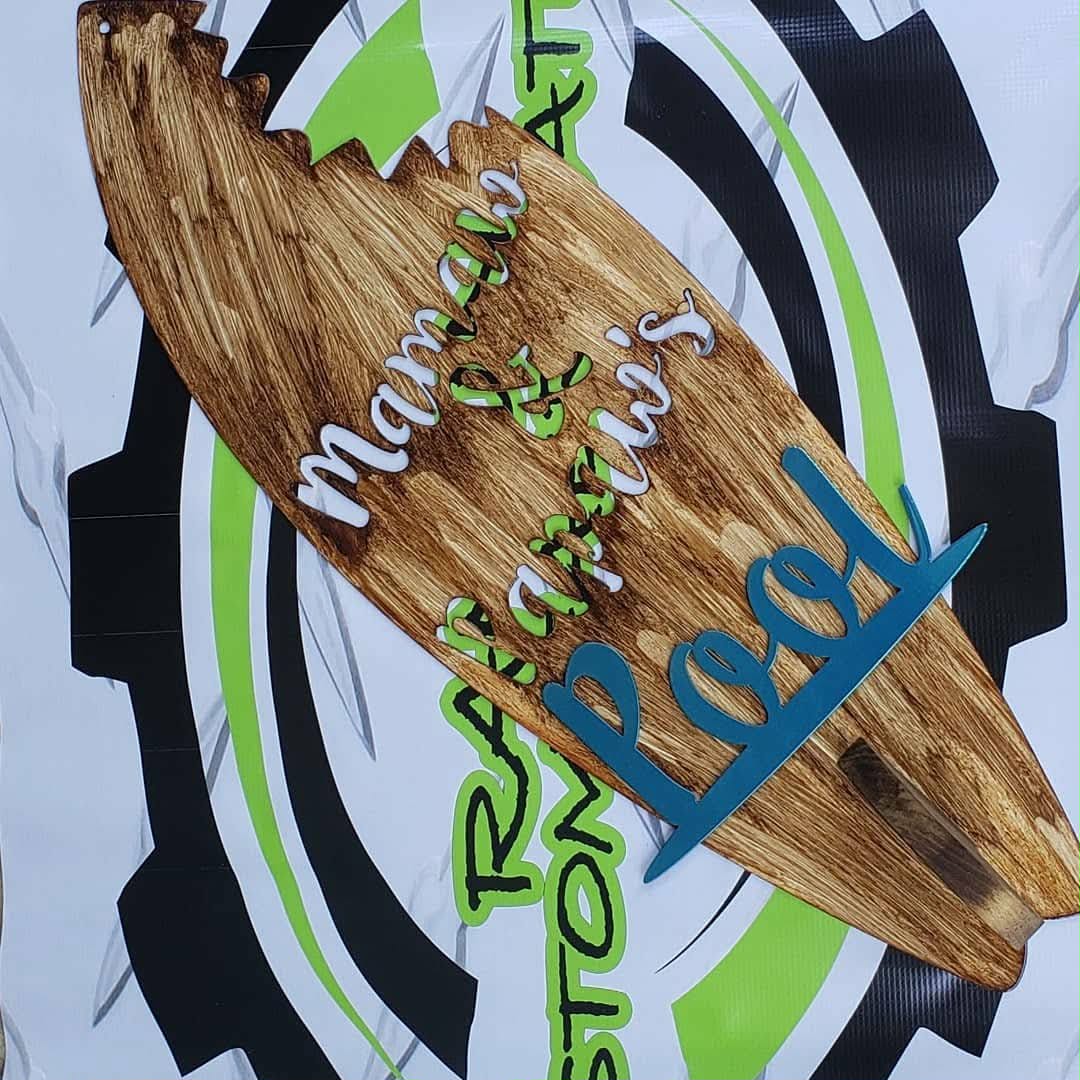 Custom Surfboard Pool Sign – Personalized Names – Beach, Patio, or Poolside Metal/Wood Décor