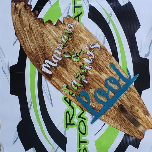 Custom Surfboard Pool Sign – Personalized Names – Beach, Patio, or Poolside Metal/Wood Décor